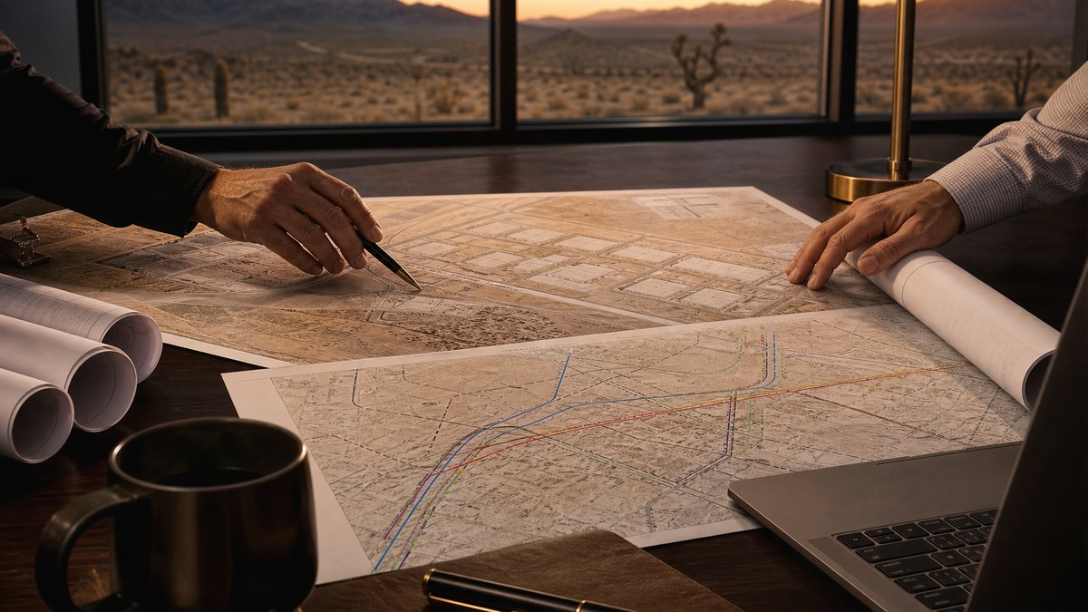Illustration of an investment planning session with site plans and utility maps of a desert industrial park on a boardroom table, no faces