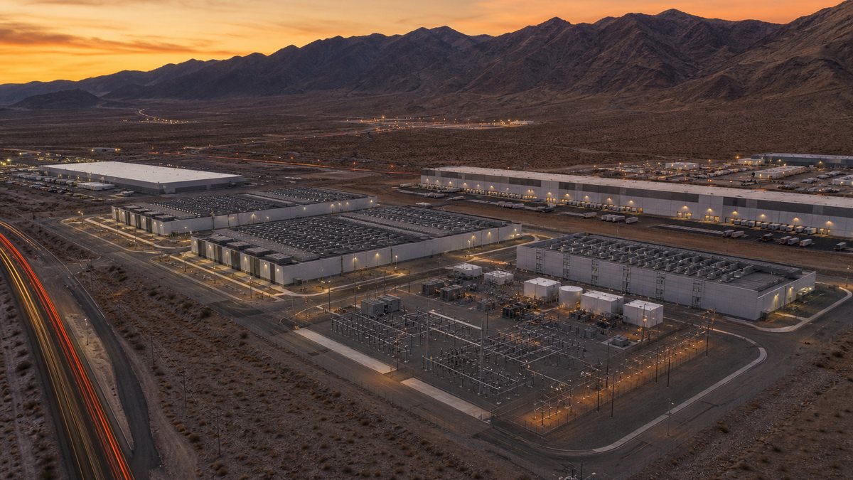Illustration of a large data center campus and industrial buildings in the desert north of Las Vegas at dusk, representing Apex Industrial Park