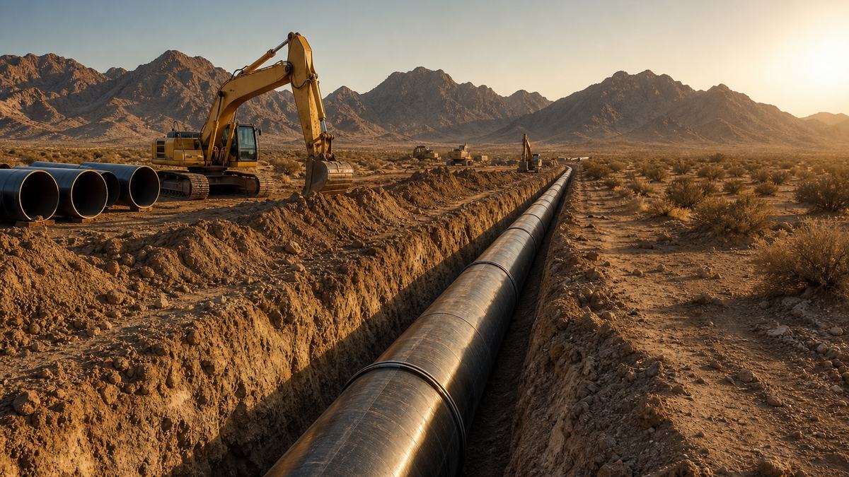 Illustration of a large water pipeline being installed in a desert trench north of Las Vegas, representing the Apex water and wastewater system