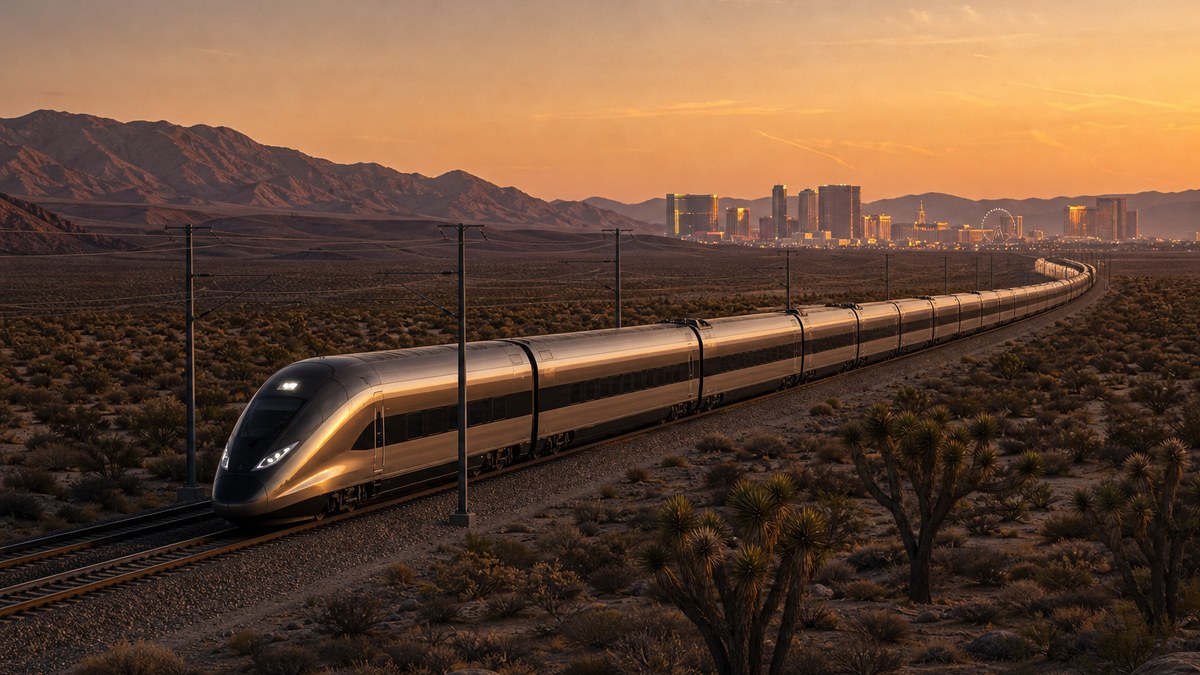 Illustration of a high-speed train crossing the Mojave Desert toward Las Vegas at dusk