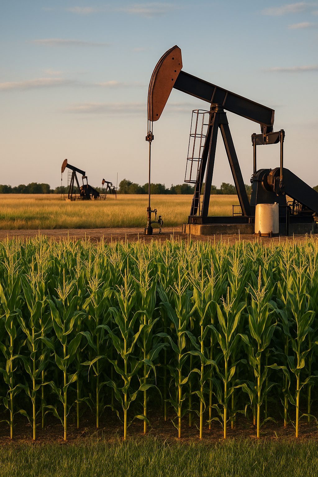 Oil pumpjack beside a cornfield at sunset