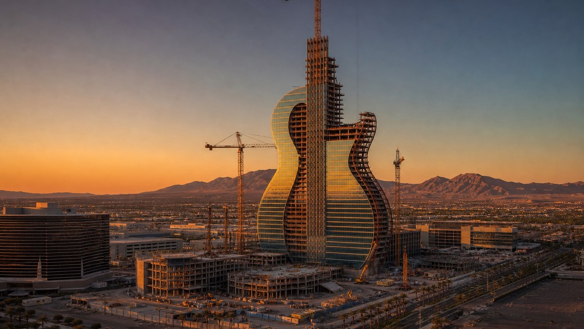 Illustrative dusk view of a new guitar-shaped hotel tower under construction on the Las Vegas Strip