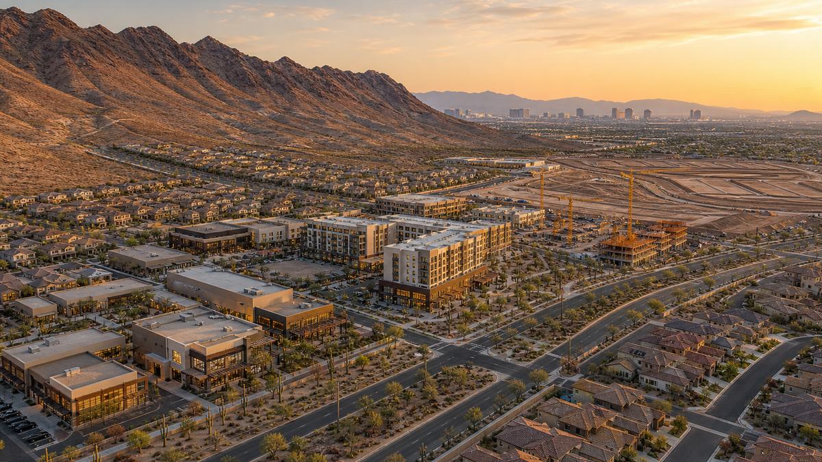 Illustration of new master-planned homes and mixed-use buildings at the desert edge of Henderson and the southwest Las Vegas Valley at golden hour