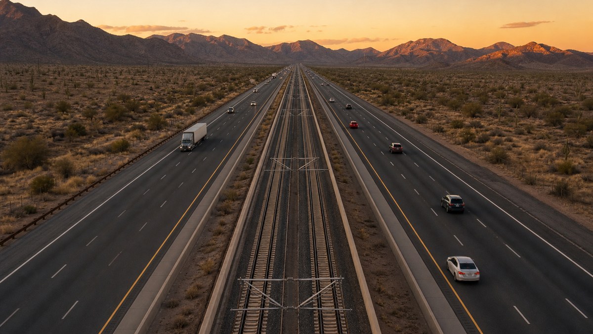 Illustration of Interstate 15 through the desert with a rail corridor in the median under evening light