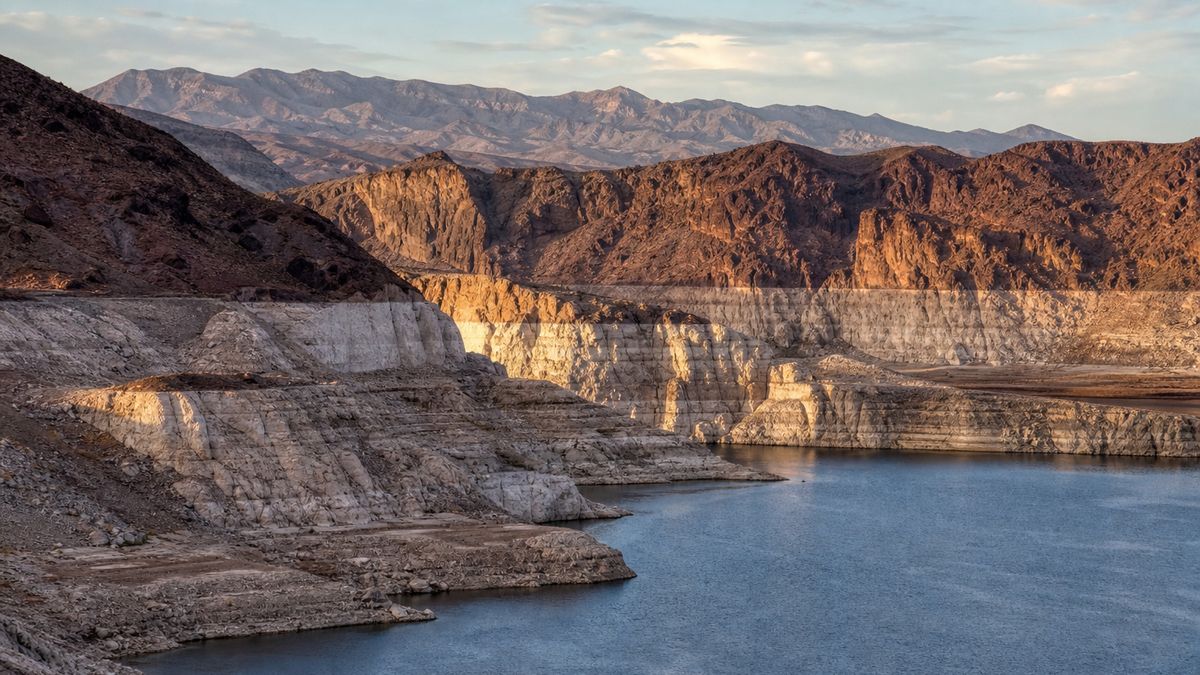 Lake Mead shoreline with a pale bathtub ring and low water levels in the Nevada desert at golden hour