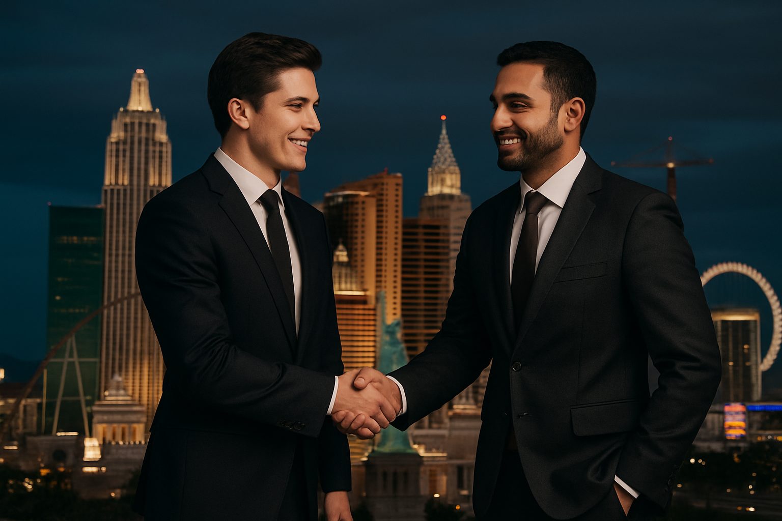 Business partners shaking hands with the Las Vegas skyline behind