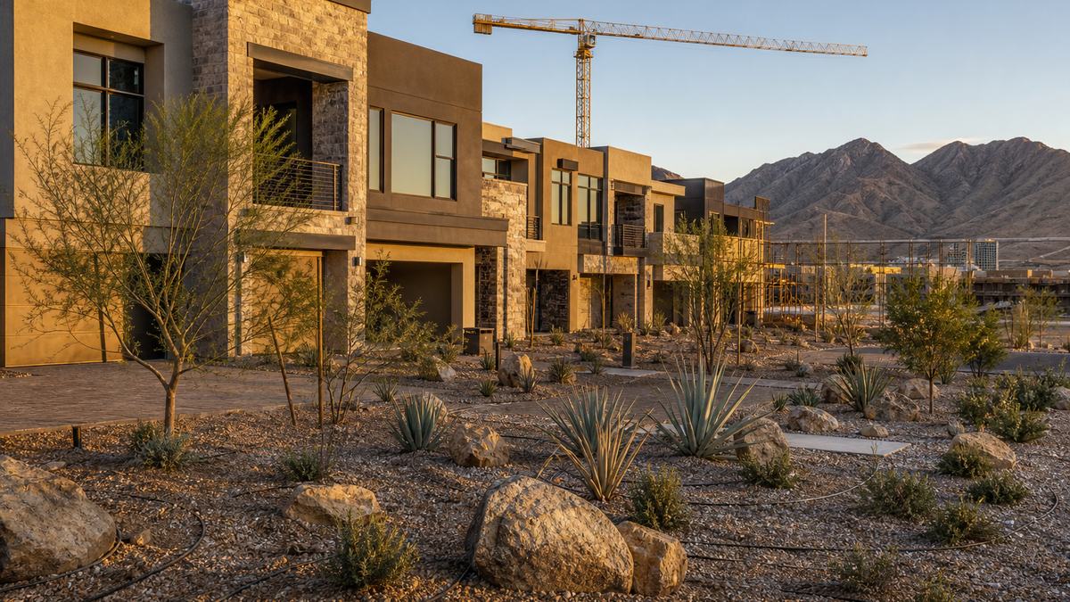 New desert-landscaped multifamily community under construction in the Las Vegas Valley with gravel and drought-tolerant plants