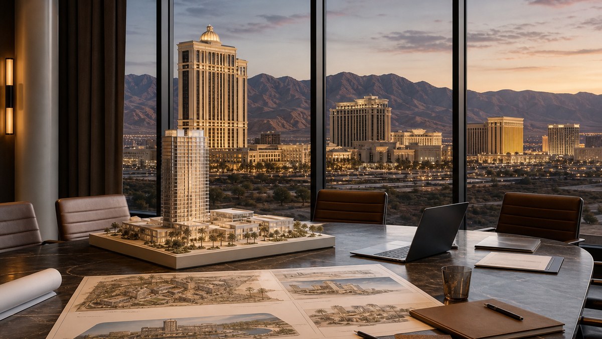 Illustrative boardroom table with site plans and a model of a resort tower, Las Vegas desert skyline visible through windows at dusk