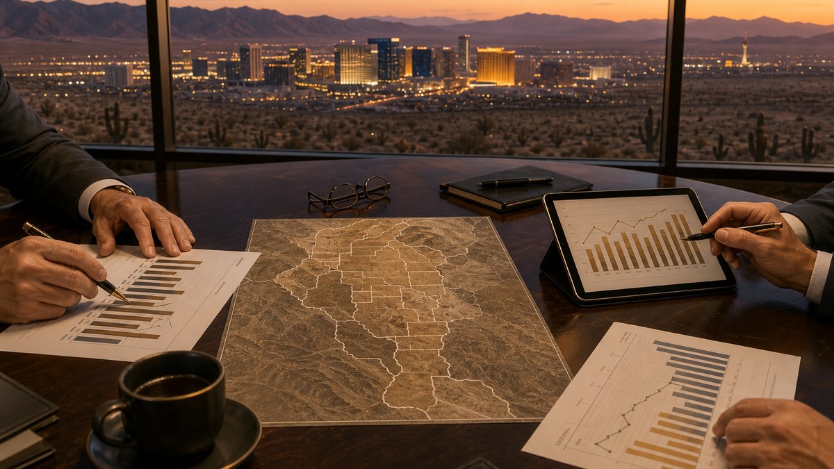 Illustration of an investment planning table with hotel performance charts and a map of the Las Vegas Valley, representing hospitality underwriting during the tourism reset