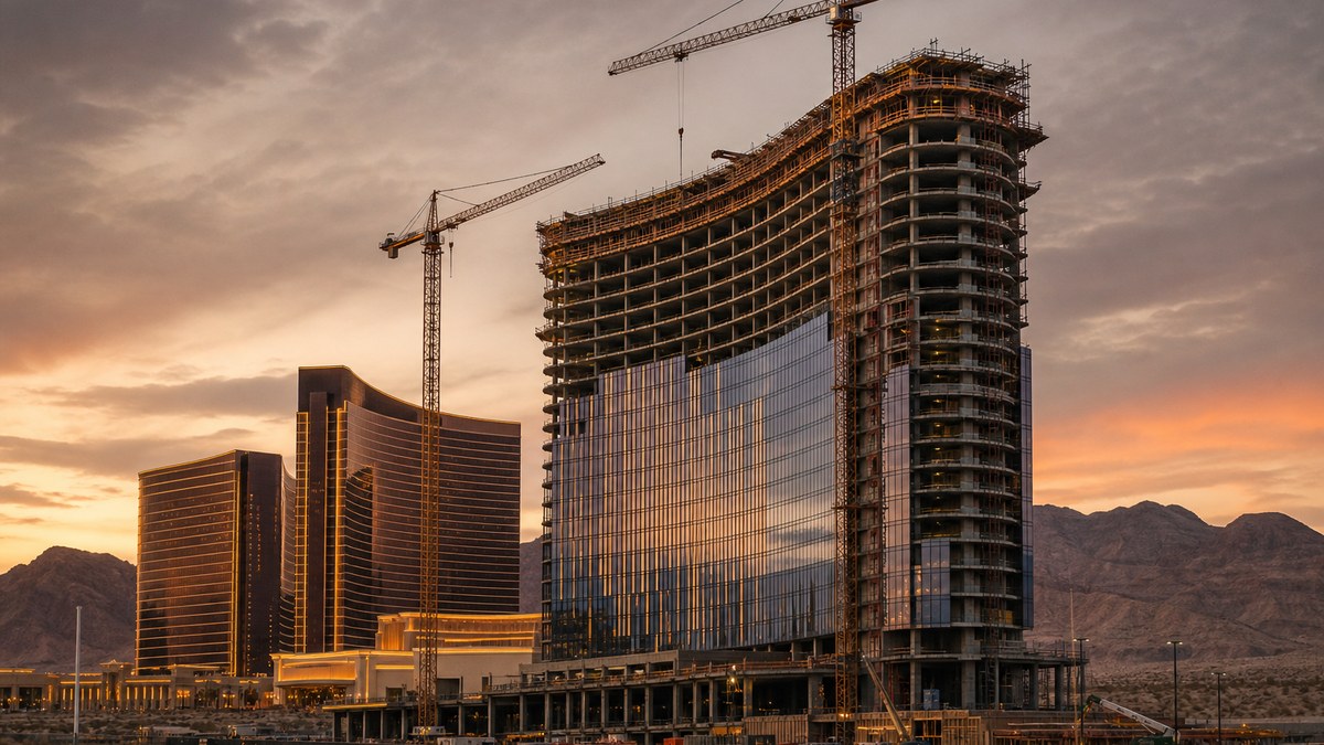 Illustration of a hotel tower under construction with cranes near the Las Vegas Strip at dusk, representing new supply arriving in 2027 and 2028