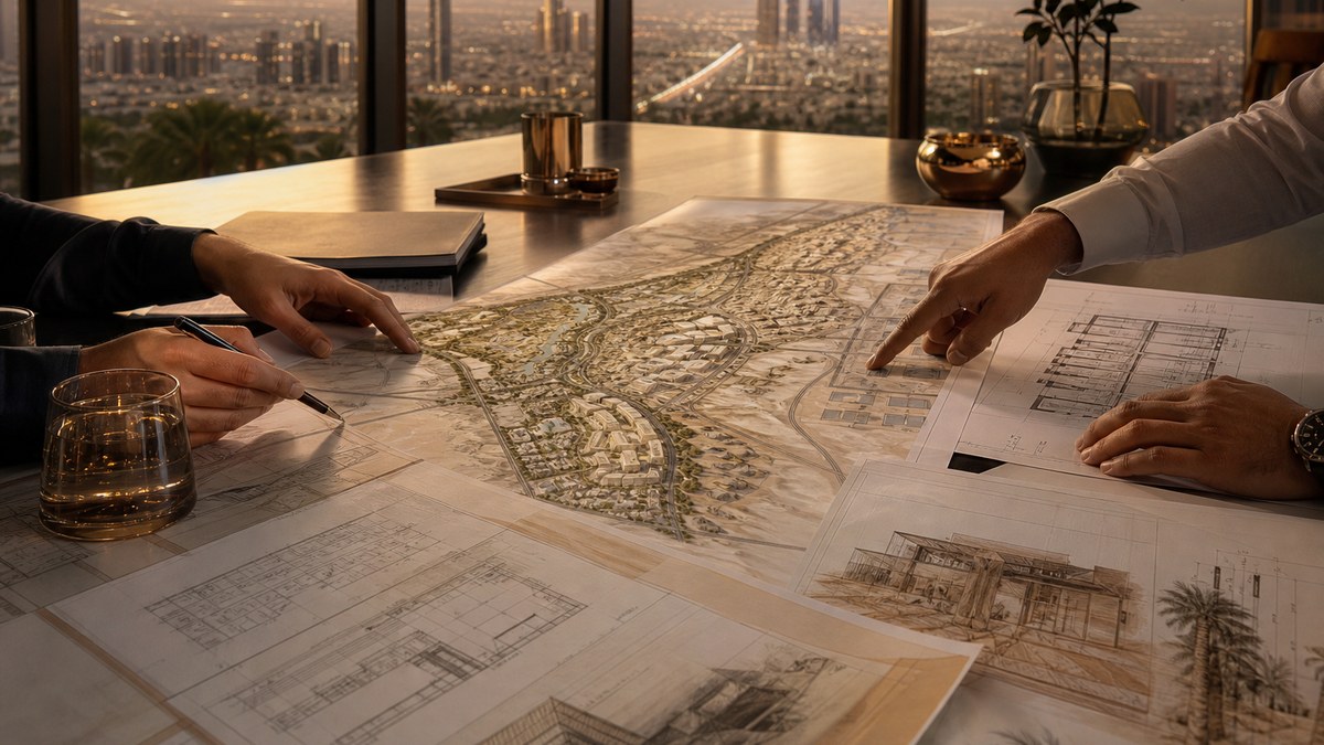 Illustration of investors reviewing a site plan and corridor map of southern Las Vegas in a boardroom