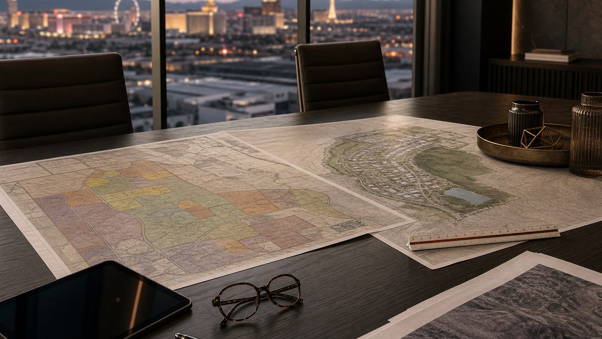 Investor planning session with land-use maps and parcel plans for Southern Nevada development