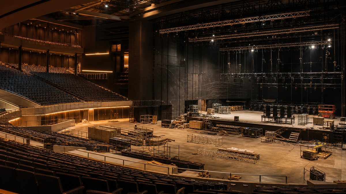 Illustrative image of a large modern live entertainment venue interior being fitted out with stage rigging, no people