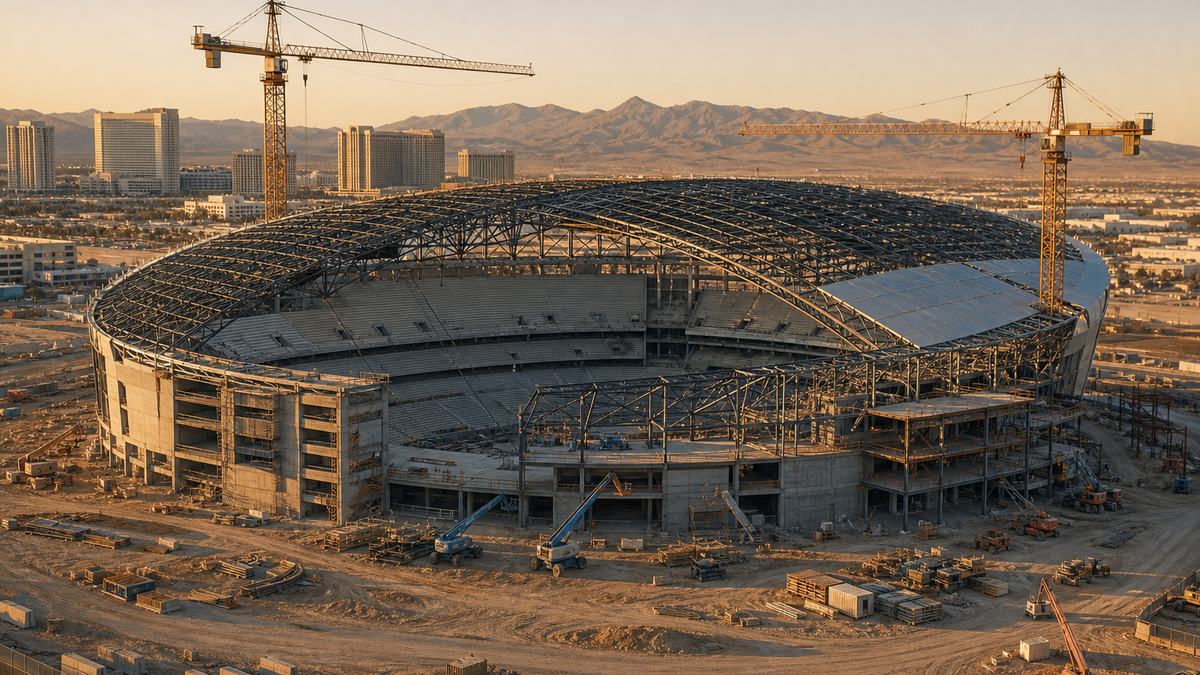 Illustrative view of a large indoor arena under construction in the Nevada desert with cranes at golden hour