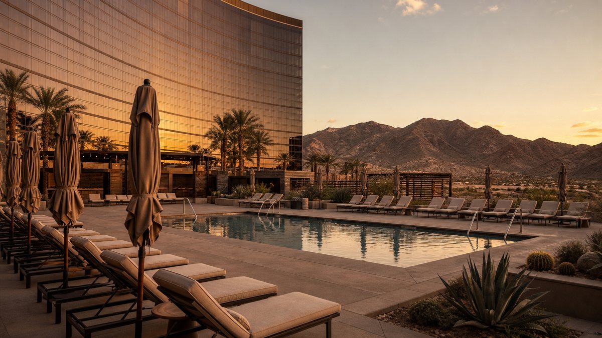 Illustration of an empty resort pool deck and hotel tower in the Nevada desert at golden hour during a quieter tourism season