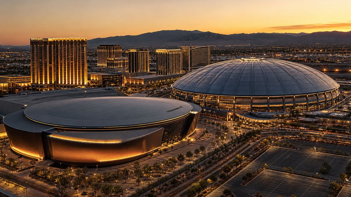 Illustrative dusk view of a Las Vegas sports and entertainment district with a stadium, arena and Strip towers in the desert