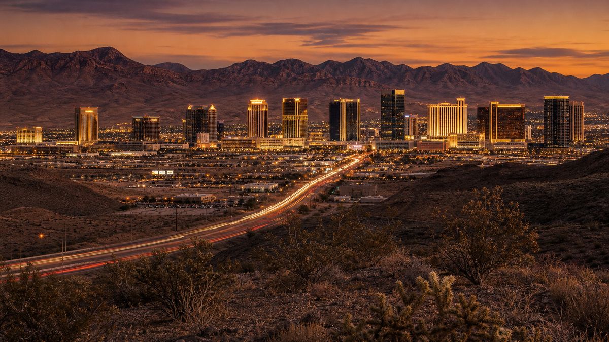 Illustration of the Las Vegas Strip resort skyline at dusk seen from the desert, representing the Las Vegas tourism reset