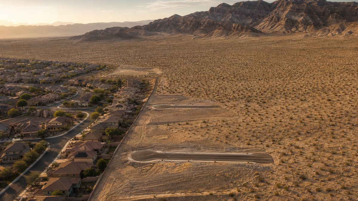 Edge of the Las Vegas Valley where new homes meet open BLM desert land at golden hour