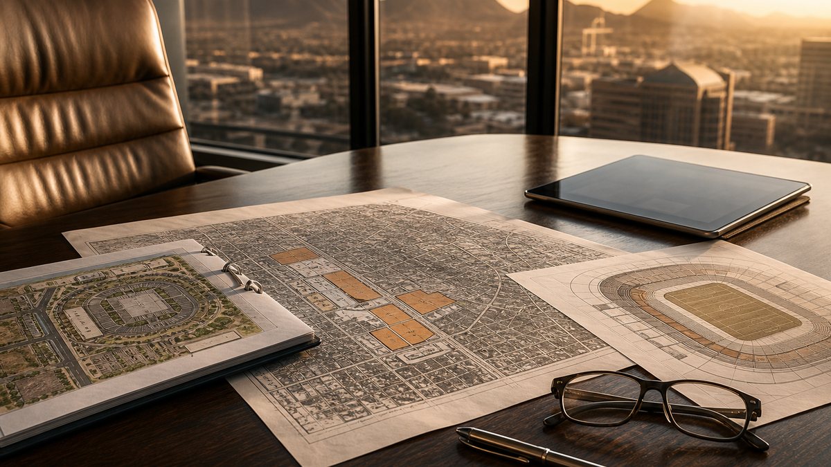 Illustrative boardroom table with site plans and a Las Vegas venue district map used for investment planning