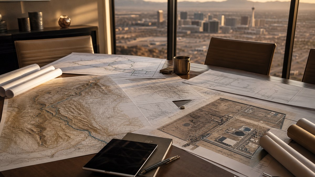 Boardroom table with Southern Nevada maps, water infrastructure plans and site documents for Las Vegas development planning