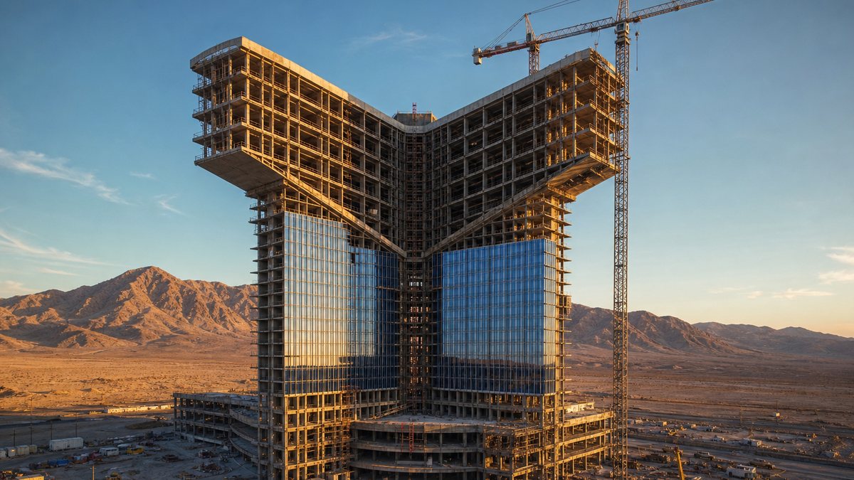 Illustrative image of a gutted resort tower being re-clad with blue glass during construction in the Nevada desert