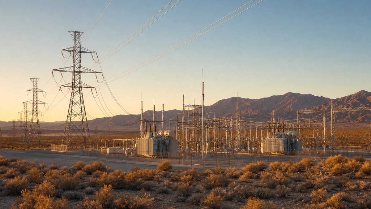 Illustration of a high-voltage electrical substation and transmission towers in the Nevada desert at golden hour