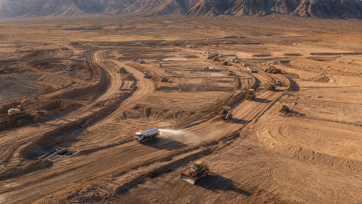 Site work and new streets being graded for a master-planned community in northwest Las Vegas desert