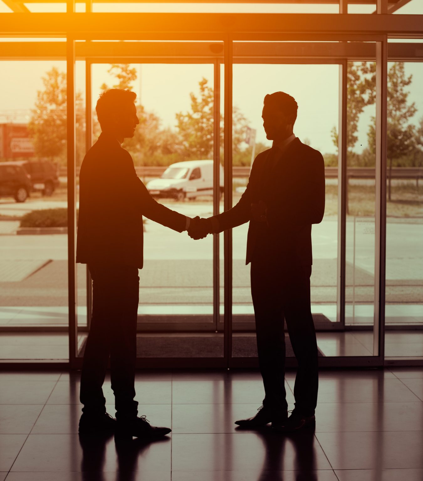 Two partners shaking hands in silhouette
