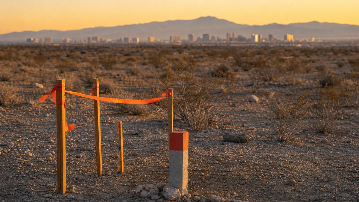 Survey stakes marking federal land parcels in the Southern Nevada desert with the Las Vegas skyline in the distance