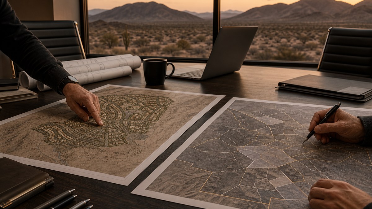 Illustration of an investment planning table with desert master-planned community site plans and a map of the southern Las Vegas Valley, no faces
