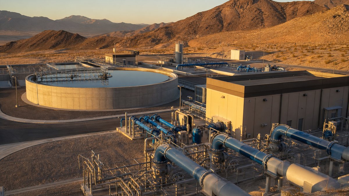 Water treatment and pumping facility with large pipes and tanks in the Southern Nevada desert
