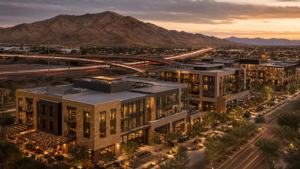 Illustration of a modern mixed-use office and retail campus near a freeway interchange in the southwest Las Vegas Valley at dusk