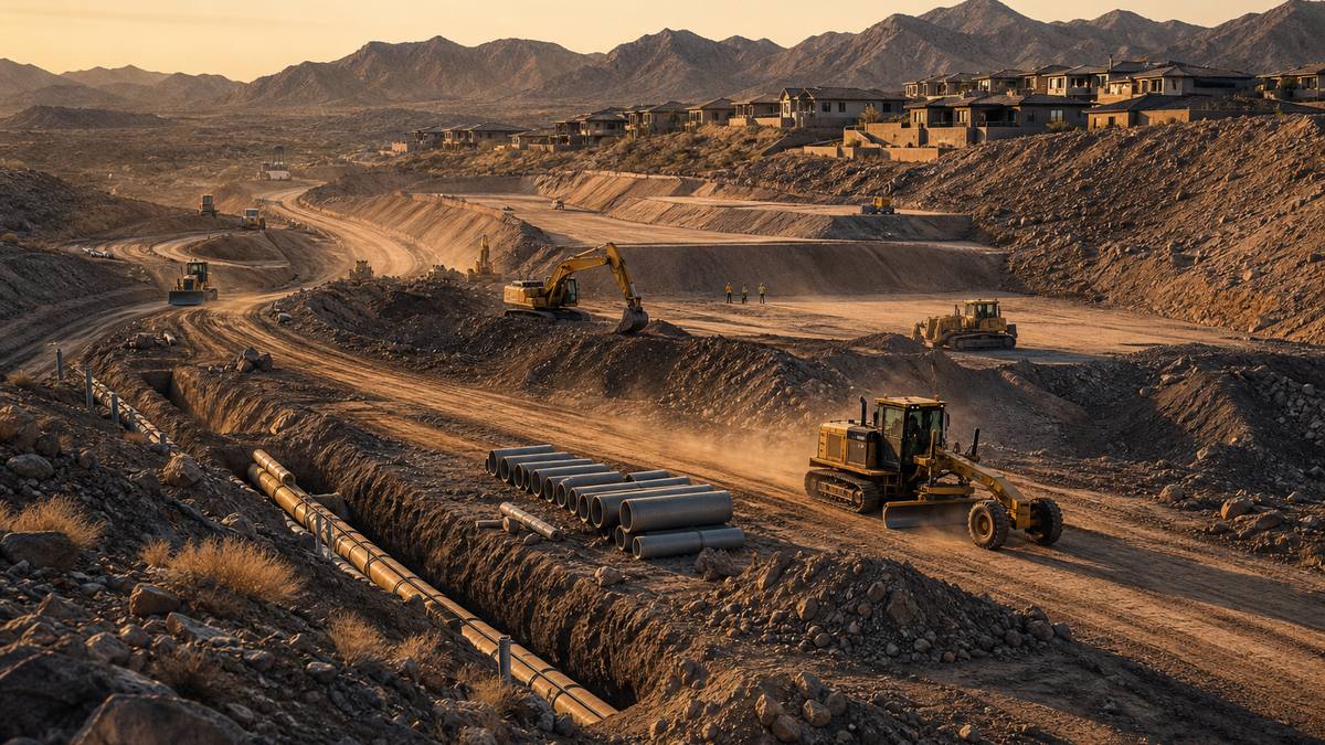 Illustration of road and utility construction on sloping desert land at the edge of Henderson, Nevada, with new homes beyond